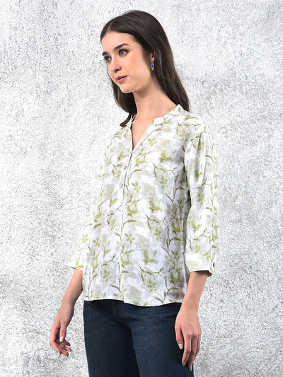 Green Floral Print V-Neck Linen Top