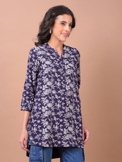 Purple Floral Print V-Neck Top