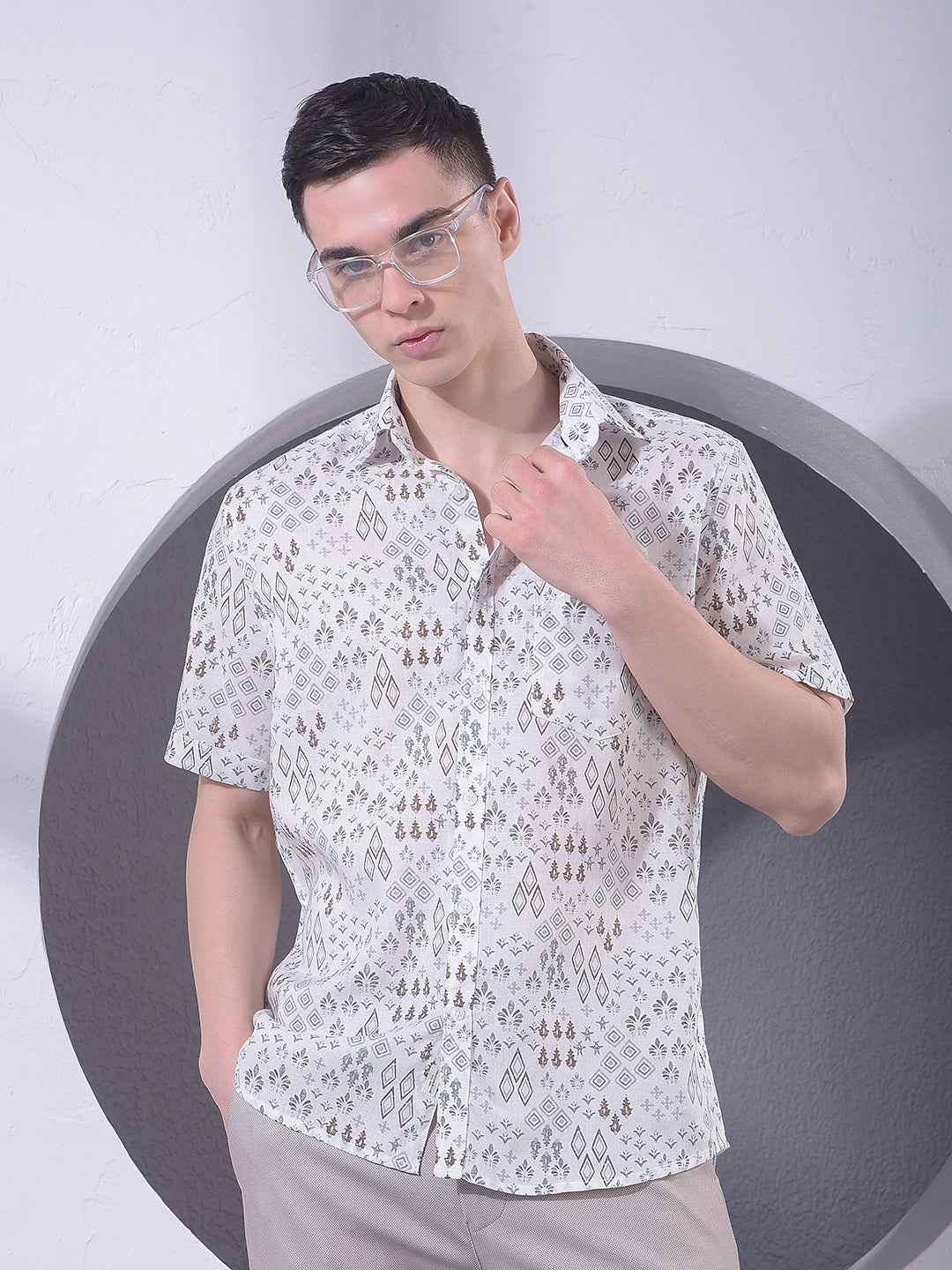 White Printed Linen Shirt