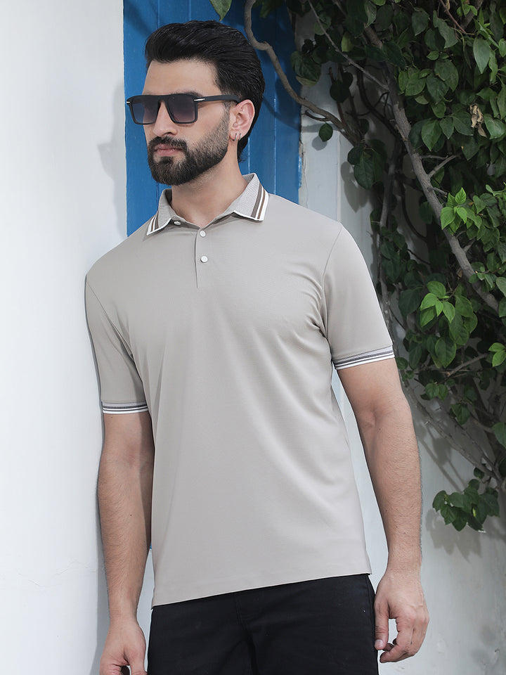 Beige Polo Neck Knitted T-Shirt