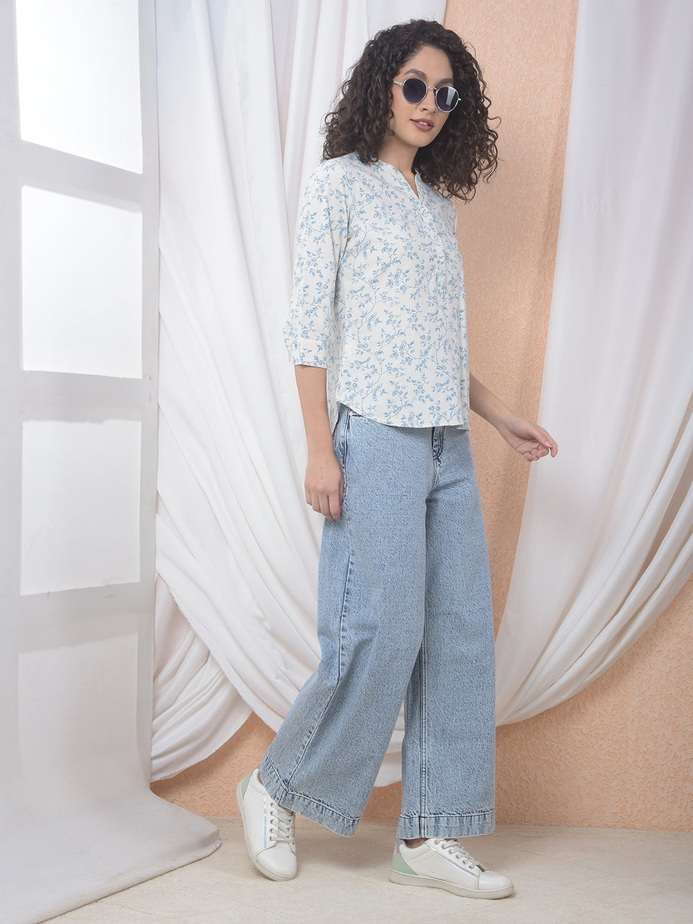Aqua Blue Floral Printed Boxy Linen Top