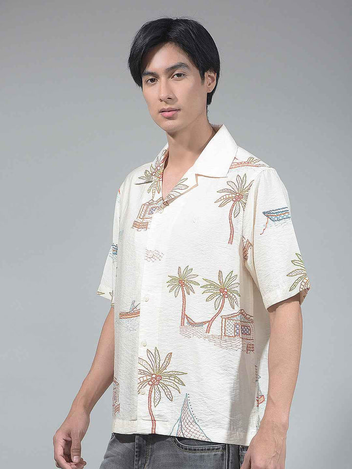 Beige Botanical Print Resort-Collar Shirt