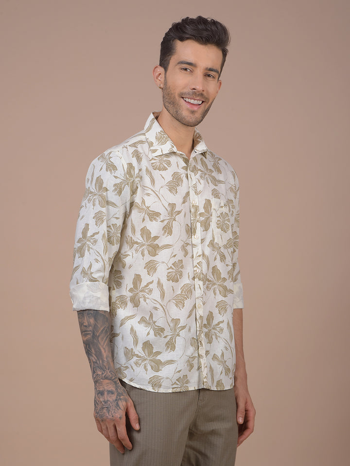 Khaki Floral Print Linen Shirt
