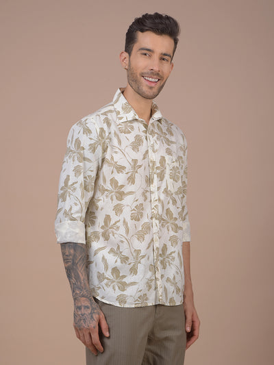 Khaki Floral Print Linen Shirt