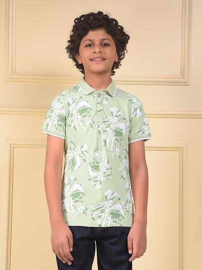 Green Floral Print Polo Neck T-Shirt