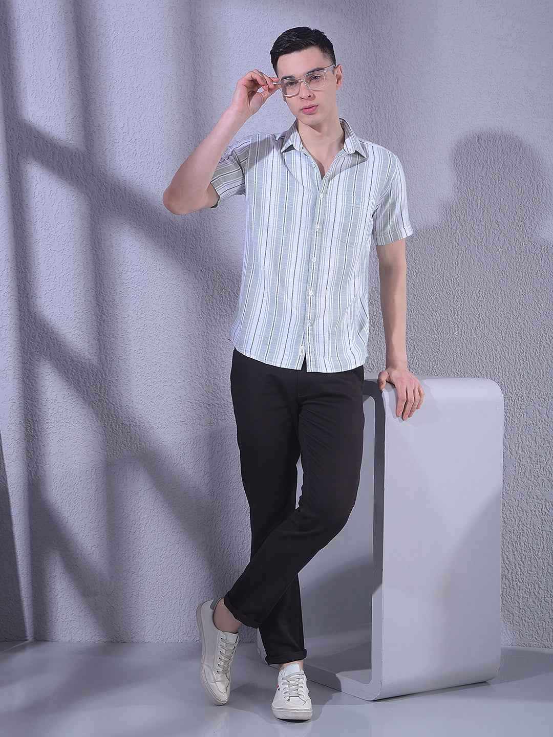 Green 100% Cotton Vertical Stripes Shirt