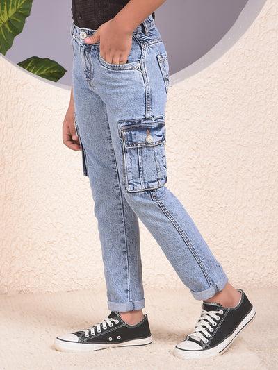 Blue 100% Cotton Straight Cargo Jeans