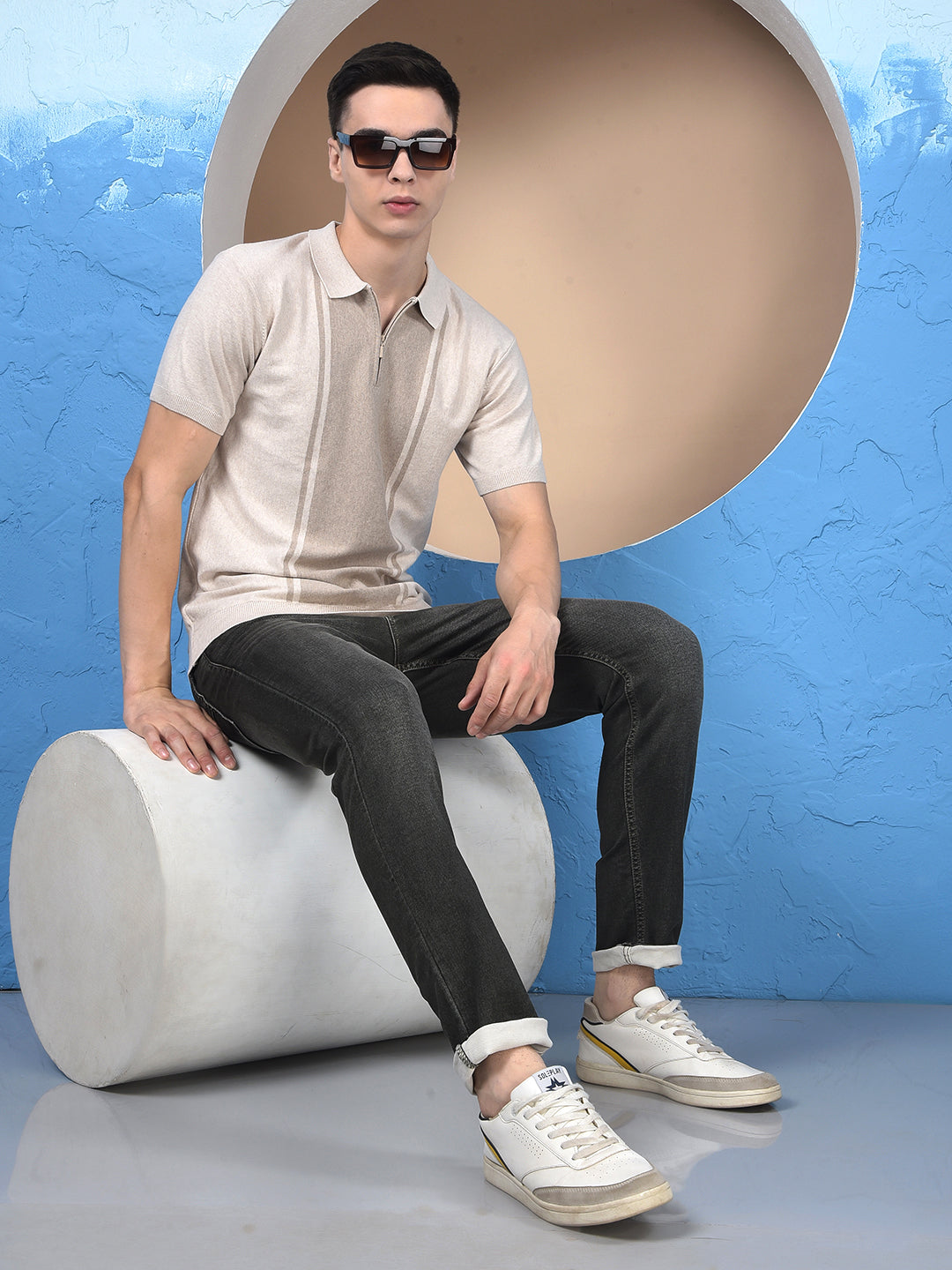 Beige Vertical Stripes Polo Neck T-Shirt