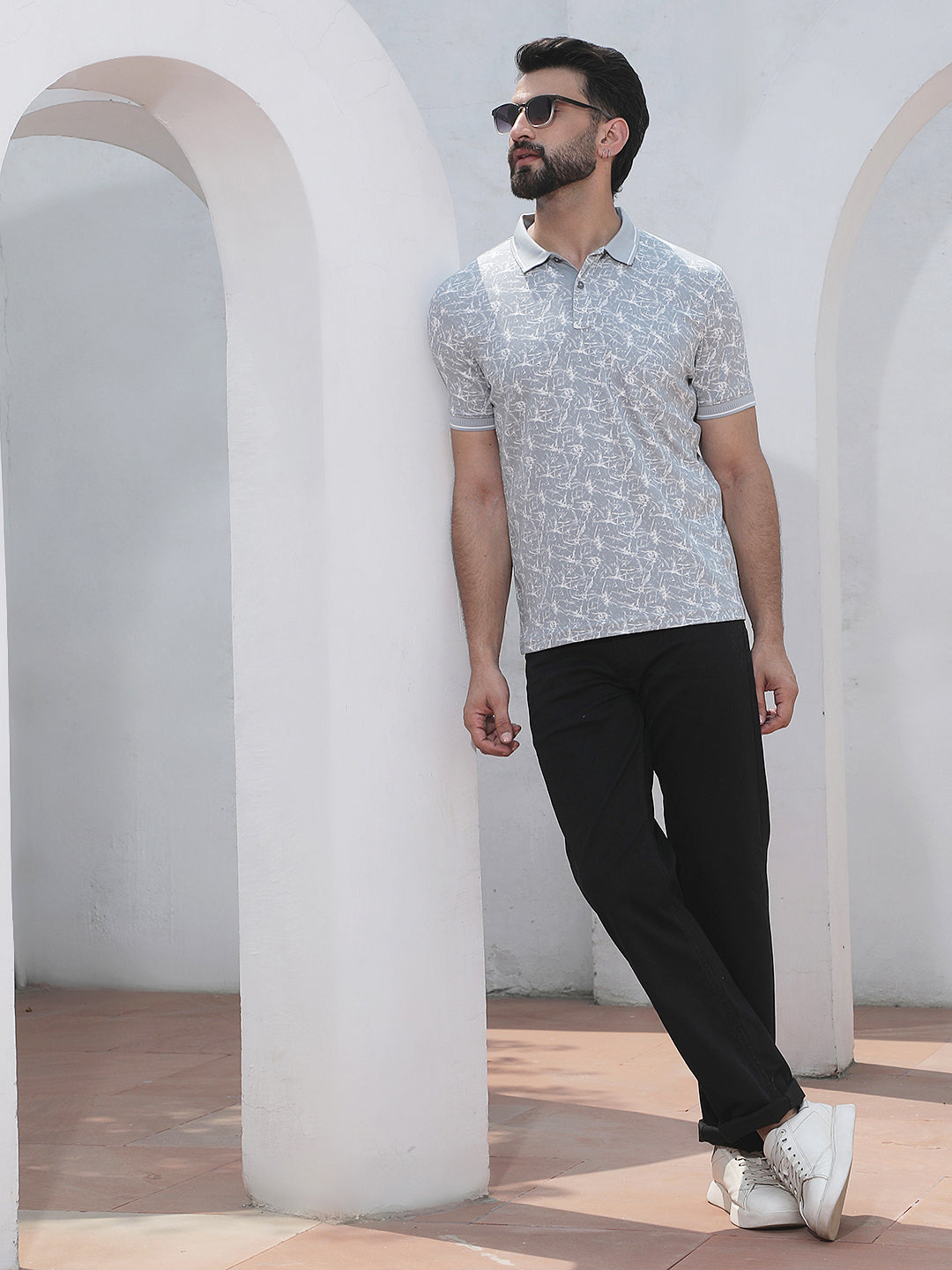 Grey Abstract Print Polo Neck T-Shirt