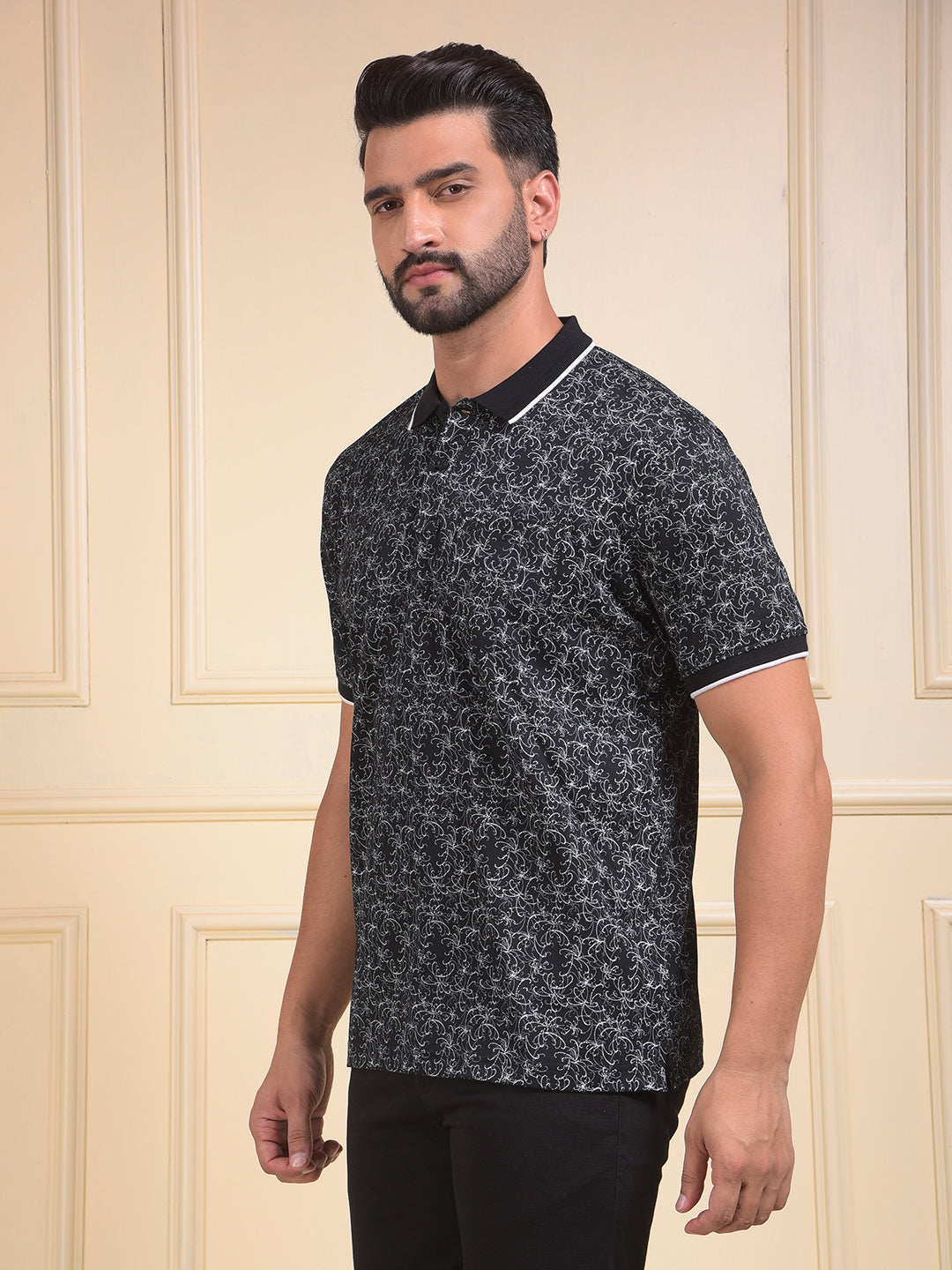 Black Printed Polo Neck T-Shirt
