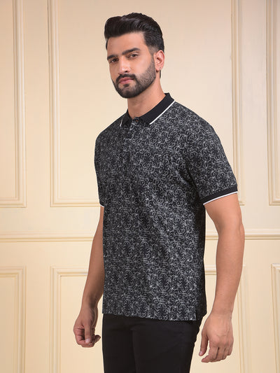Black Printed Polo Neck T-Shirt