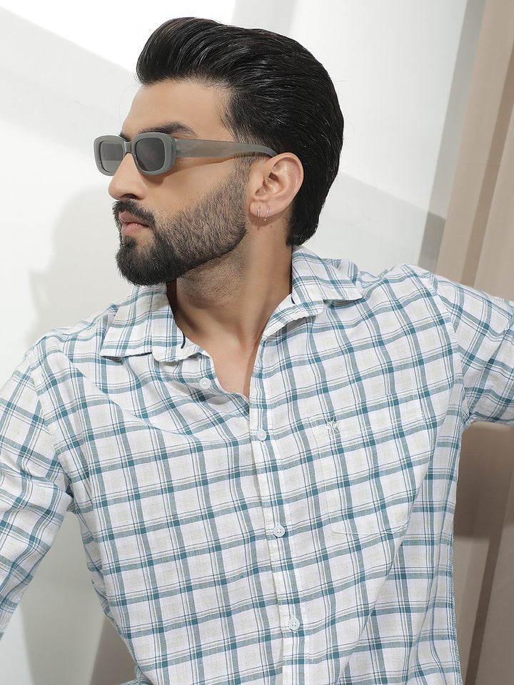 Teal Green Linen Checked Shirt