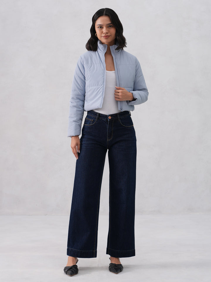 Blue Cropped High-Neck Puffer Jacket