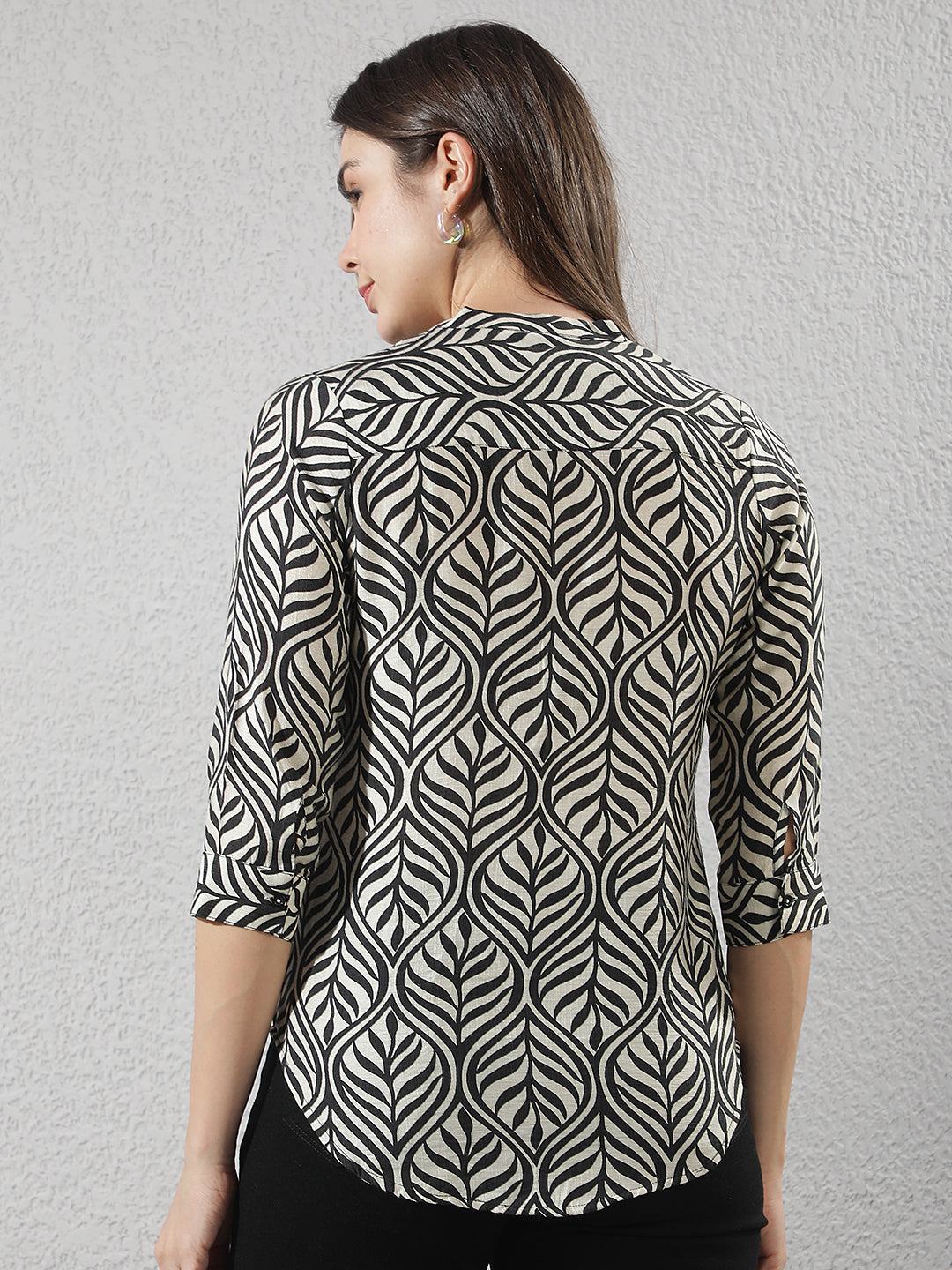 Black Botanical Print V-Neck Top