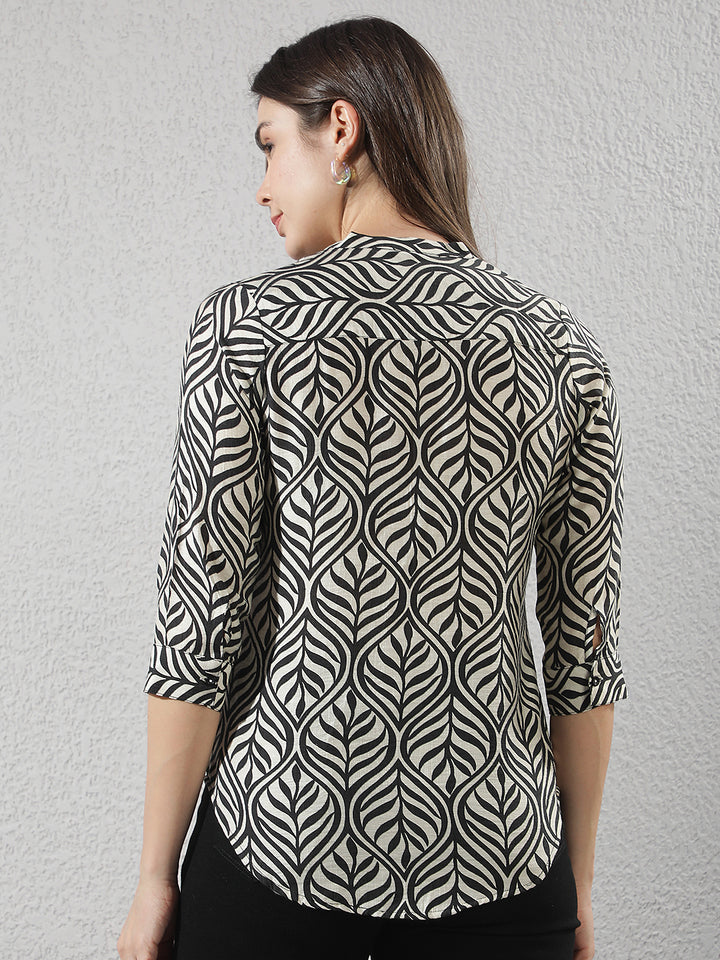 Black Botanical Print V-Neck Top