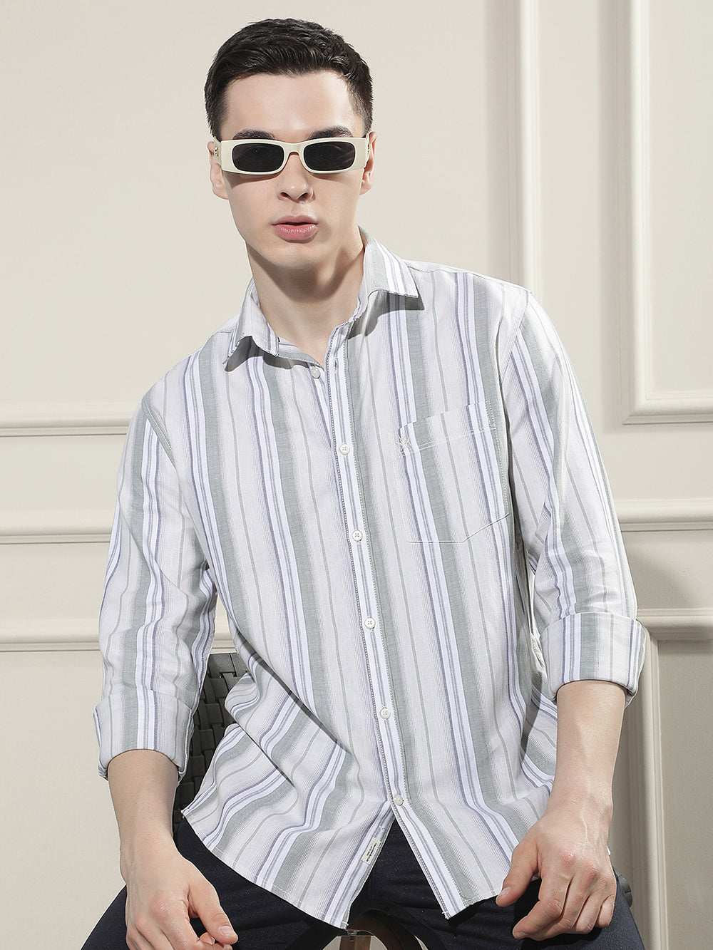 Green Vertical Stripes 100% Cotton Shirt