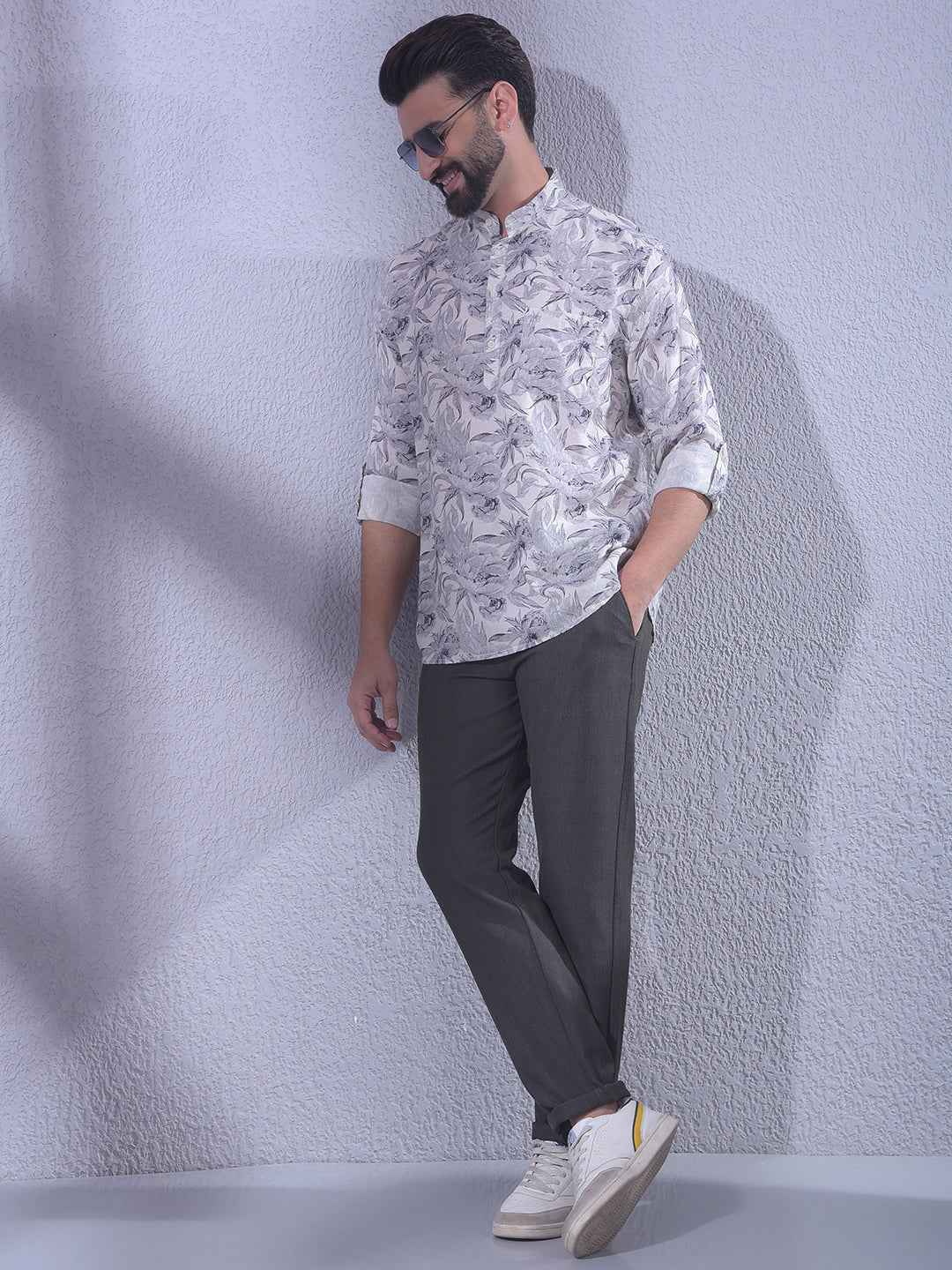 Purple Floral Print Linen Kurta