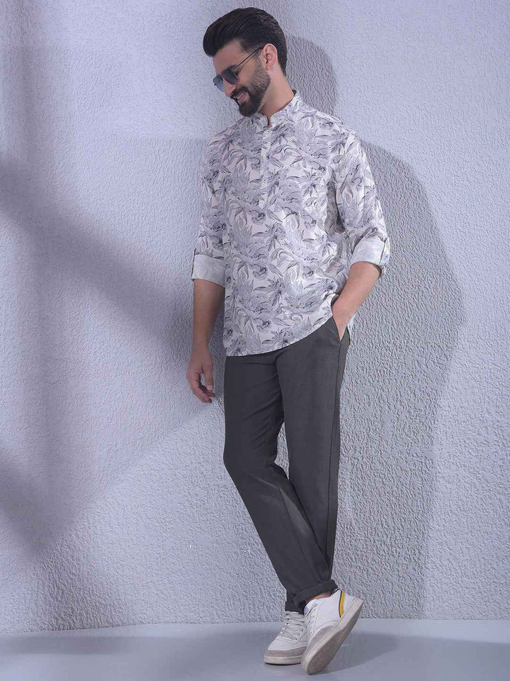Purple Floral Print Linen Kurta