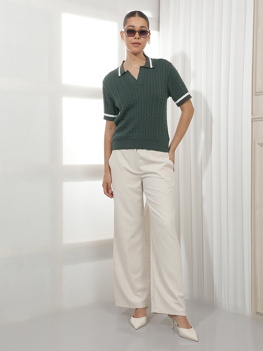 Olive Jacquard Polo Neck 100% Cotton T-Shirt