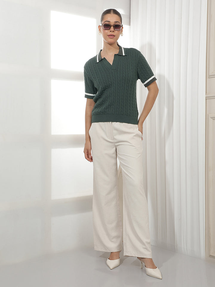 Olive Jacquard Polo Neck 100% Cotton T-Shirt