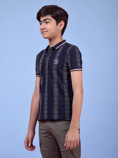 Navy Blue Printed Polo Neck T-Shirt