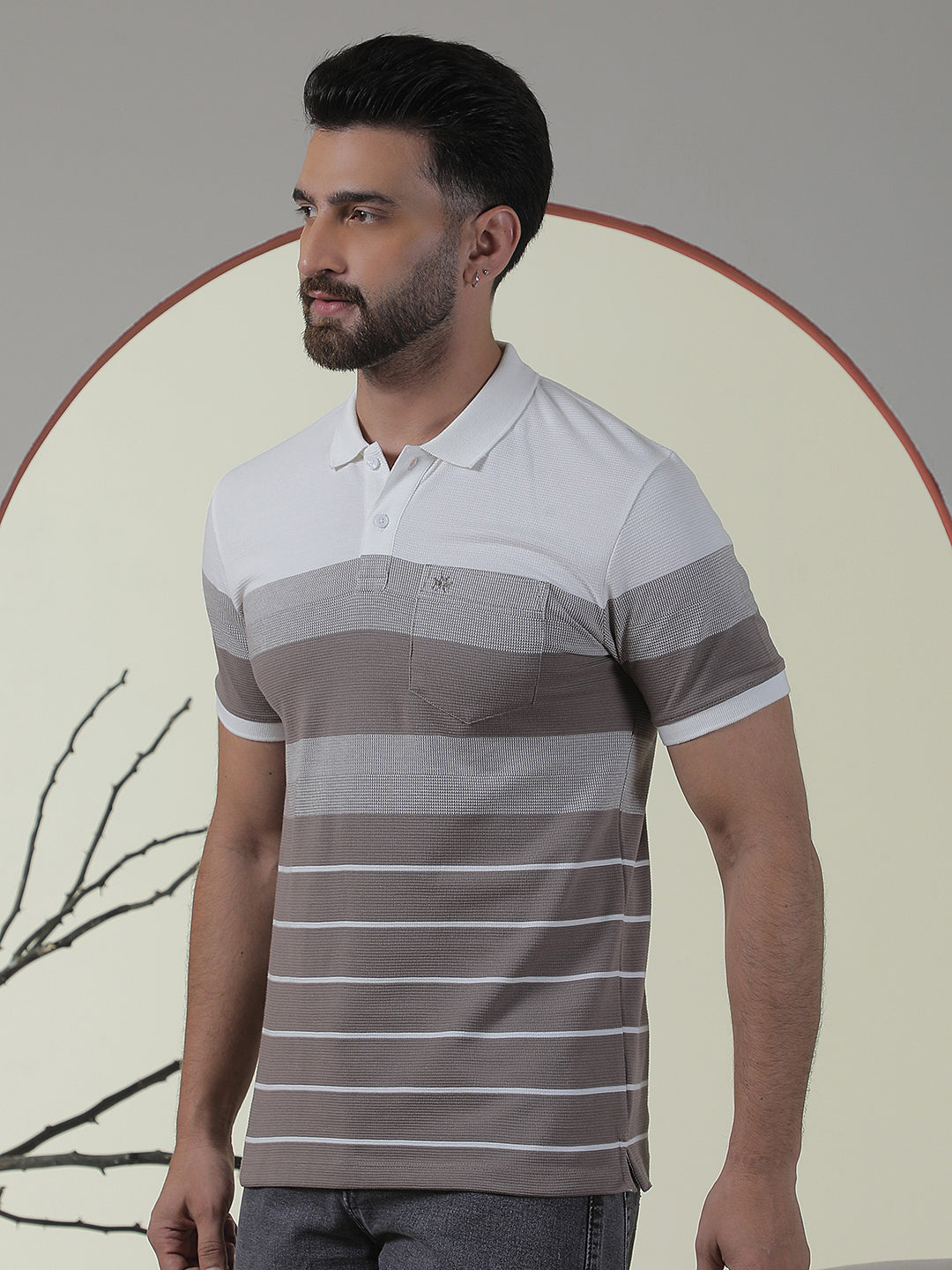 Purple Horizontal Striped Polo Neck T-Shirt