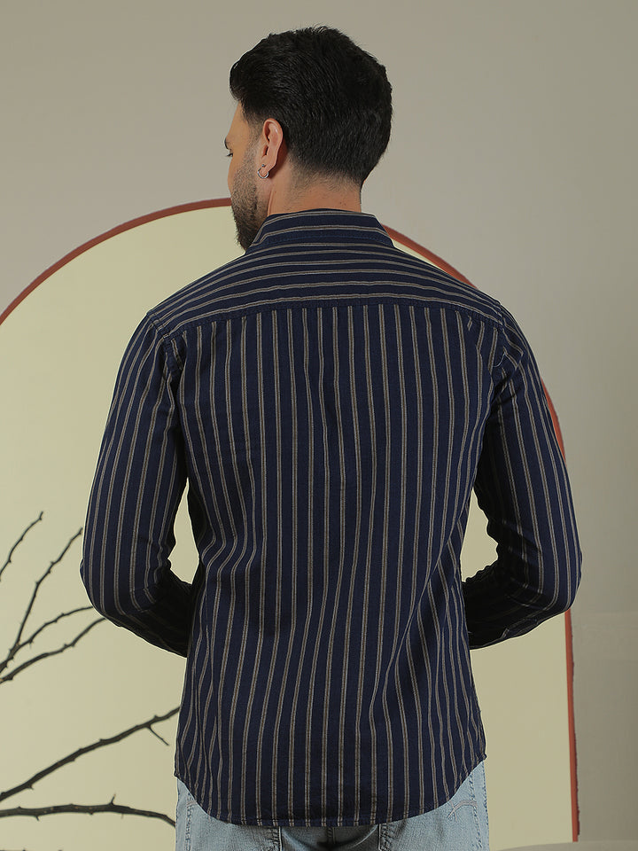 Navy Blue Vertical Stripes 100% Cotton Shirt
