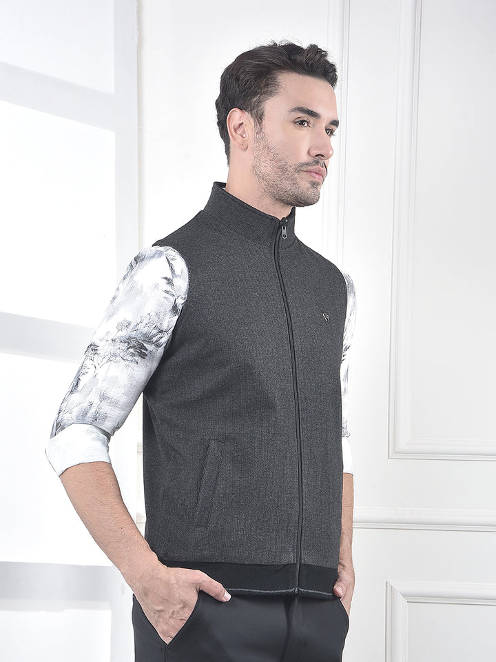 Grey Sleeveless Mock Collar Jacket
