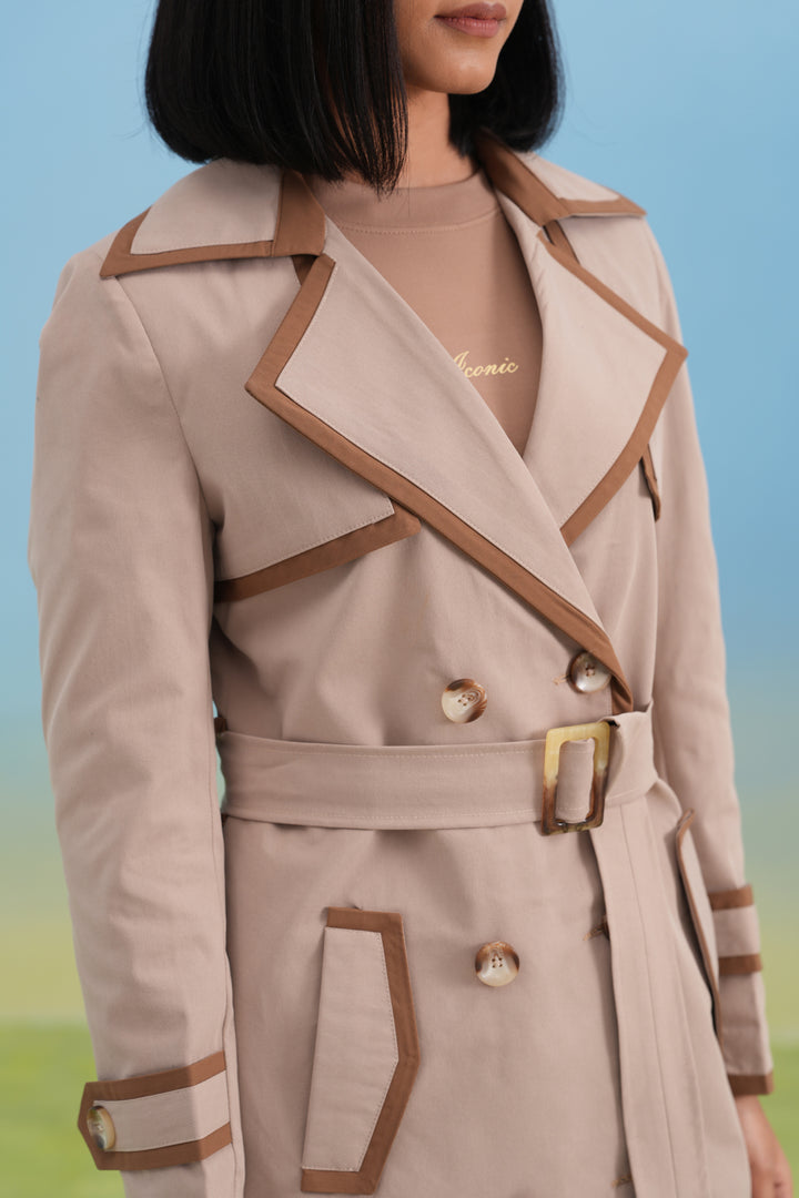 Contrast Trim Beige Belted Over-Coat