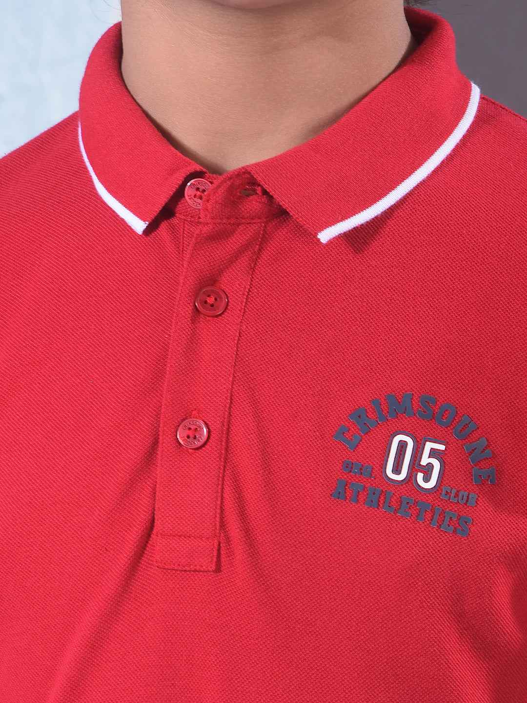 Red Typographic Print Polo Neck T-Shirt