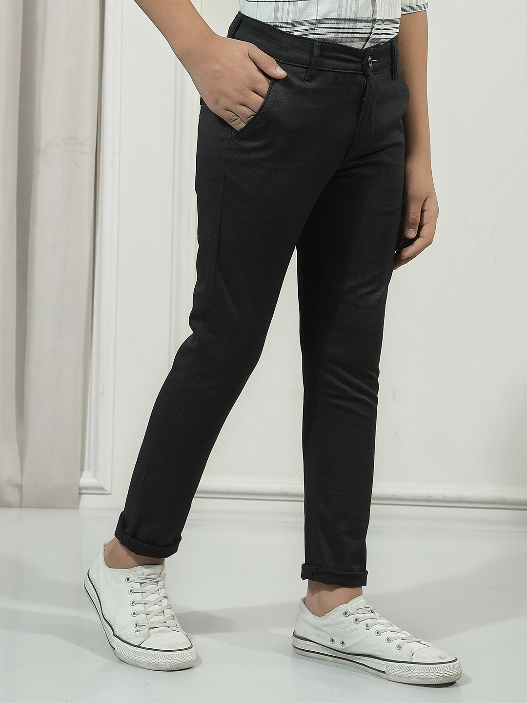 Black Cotton Checked Stretchable Trousers