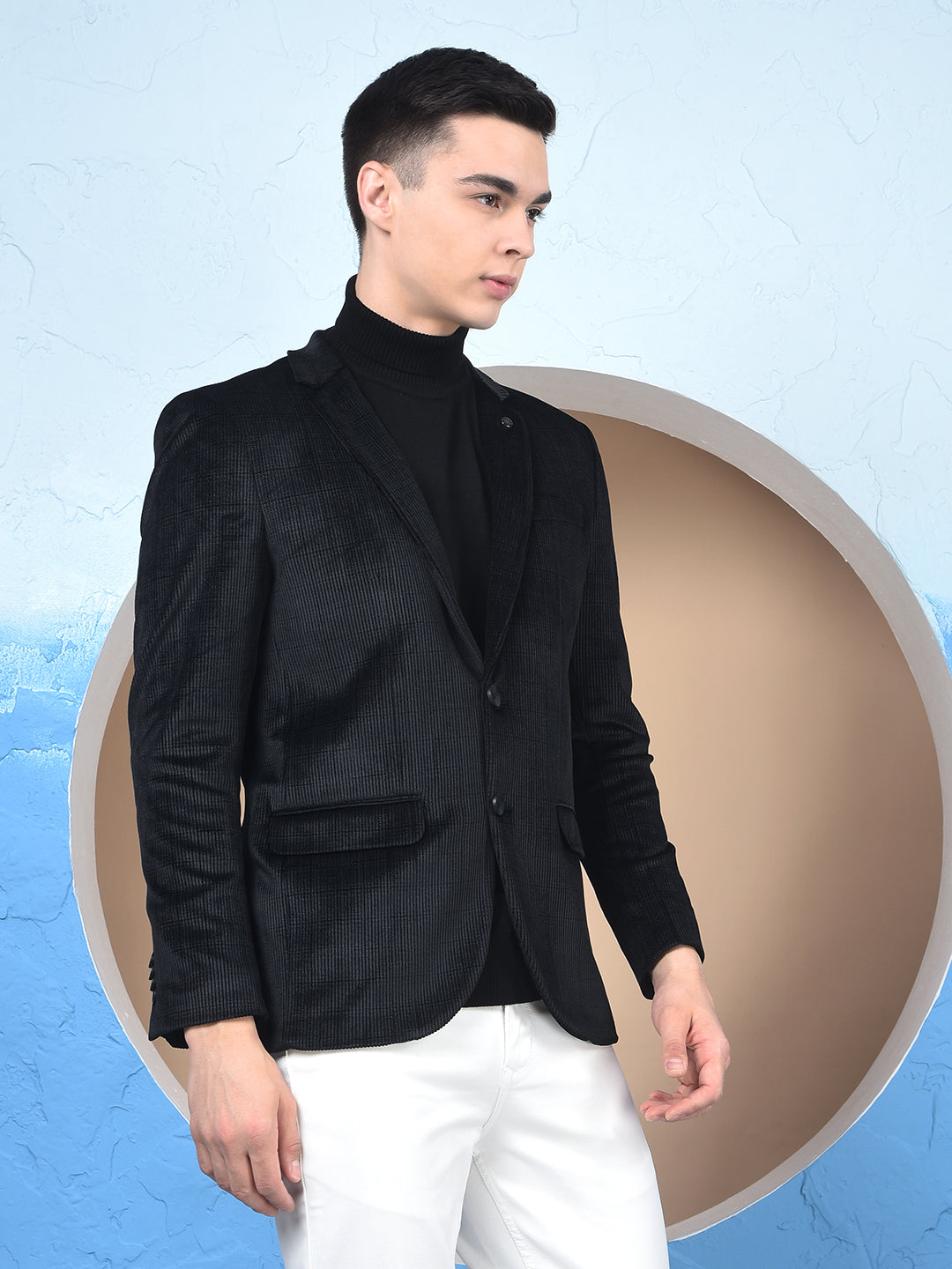 Black Checked Notched Lapel Single-Breasted Blazer