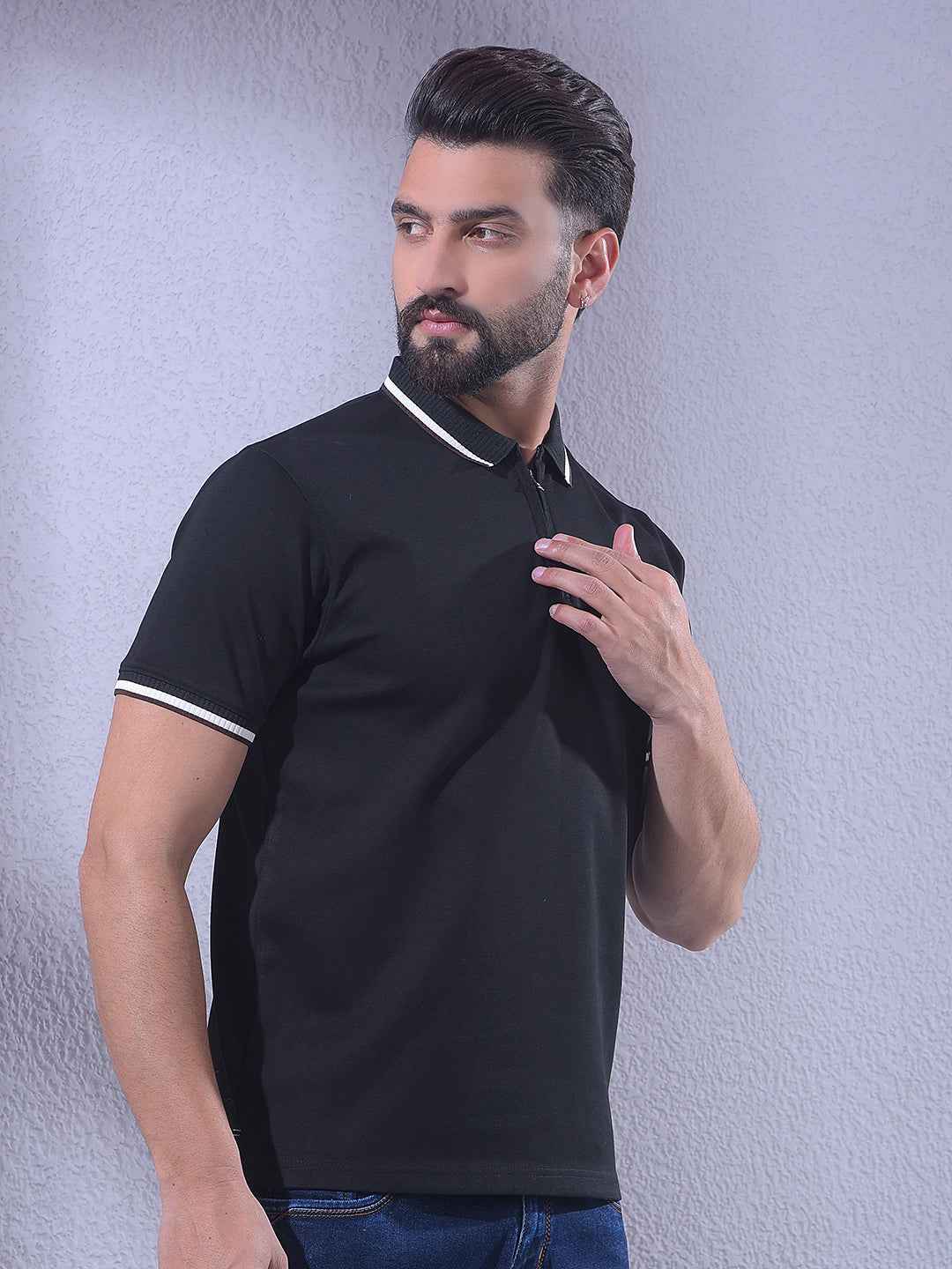 Sharp Black Pique Zipper Polo T-Shirt