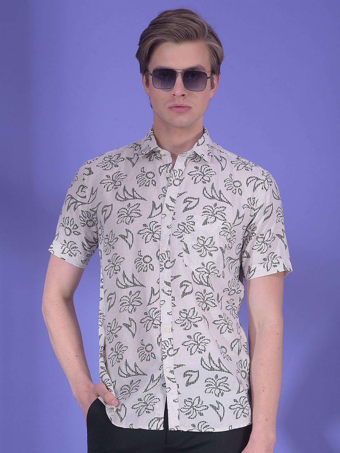 Beige Floral Print Linen Shirt