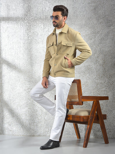 Beige Vertical Stripes Double Front-Pocket Shacket