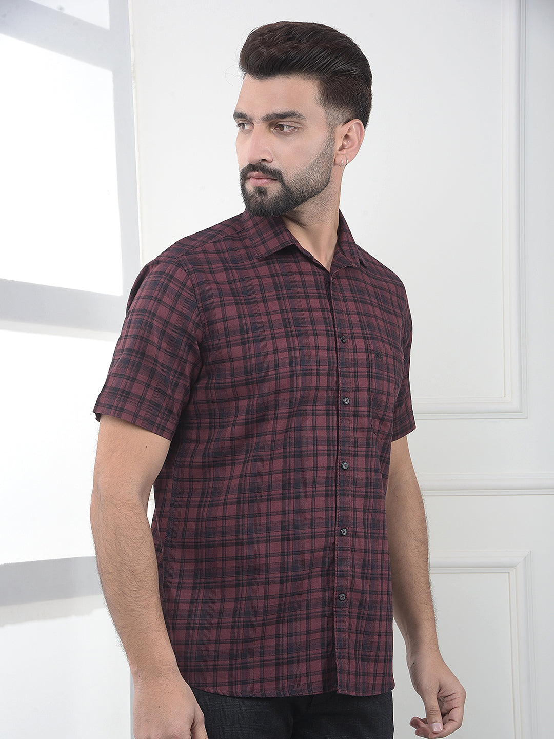 Taupe Maroon Checked 100% Cotton Shirt