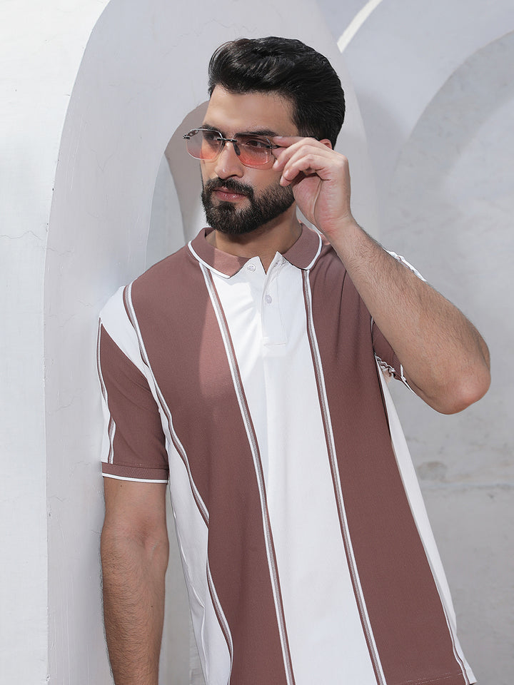 Purple Vertical Striped Polo Neck T-Shirt