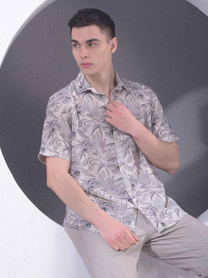 Purple Floral Print Linen Shirt