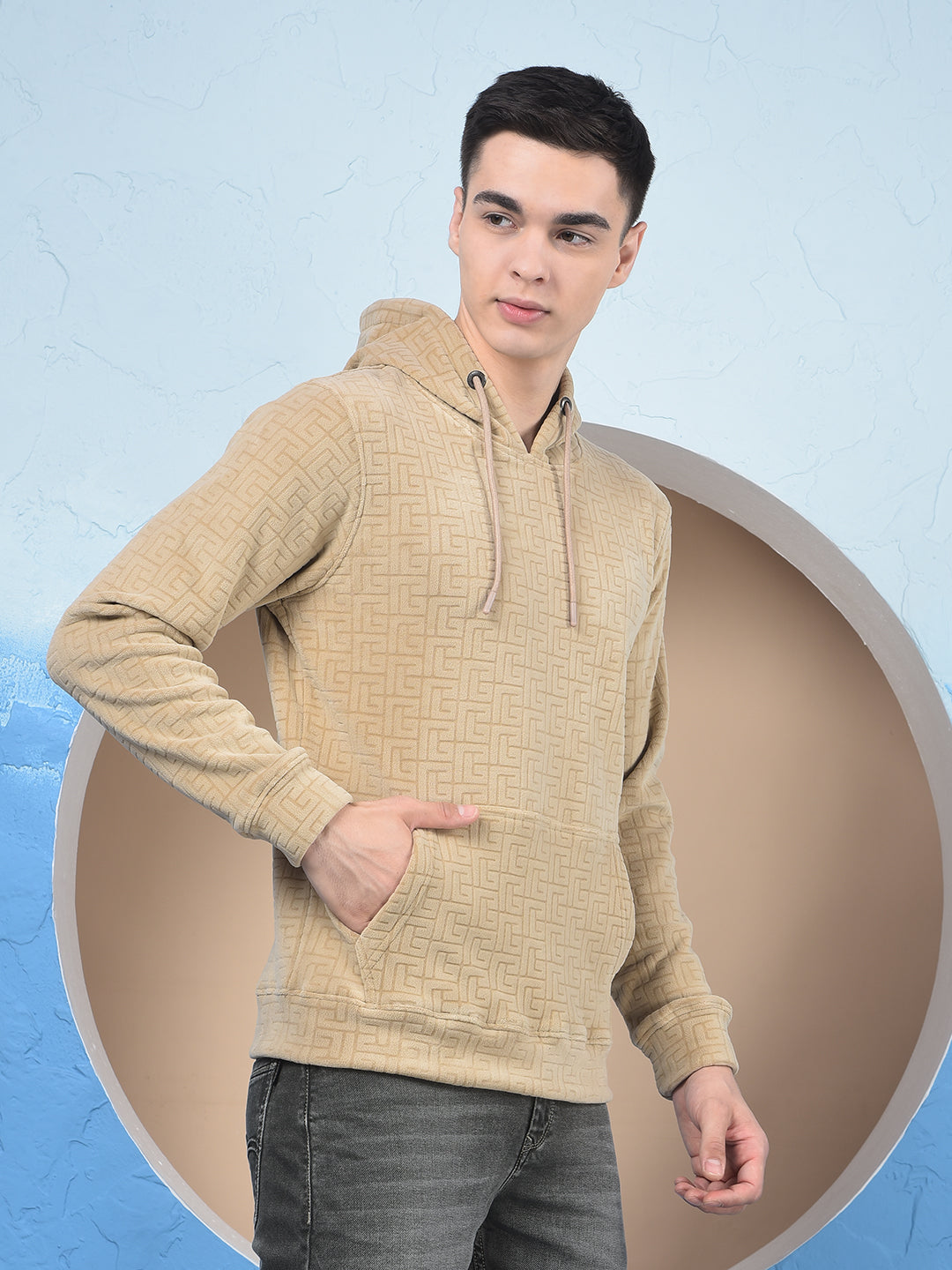 Beige Jacquard Hooded Neck Sweatshirt