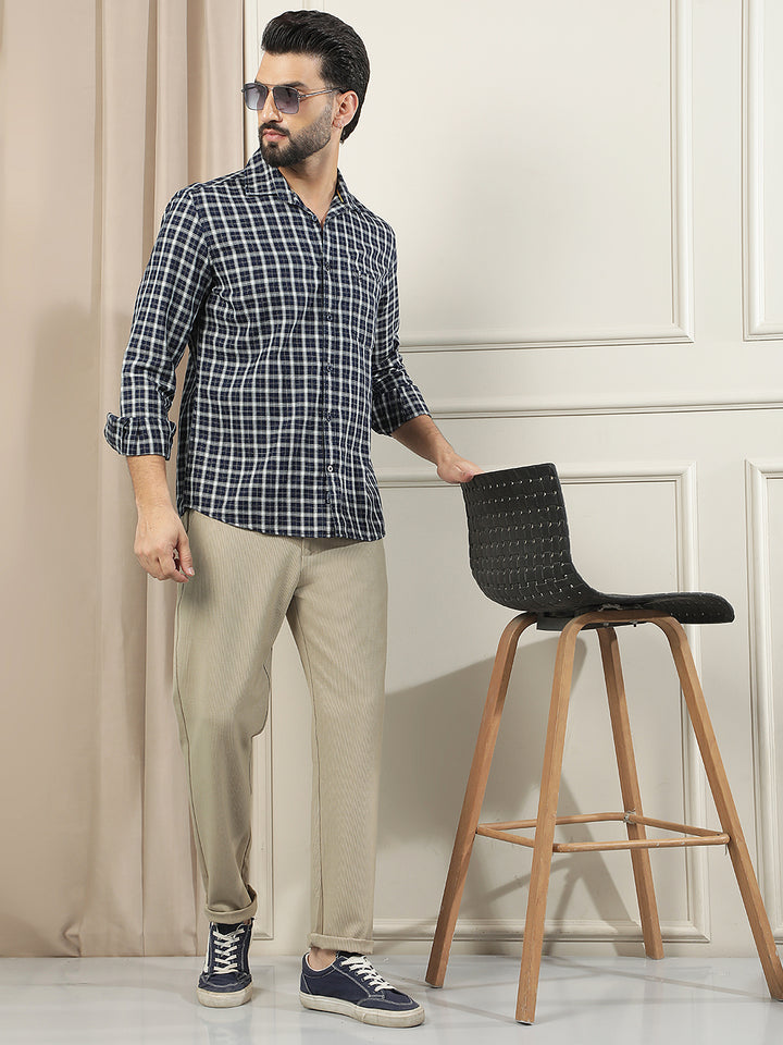 Navy Blue 100% Cotton Checked Shirt