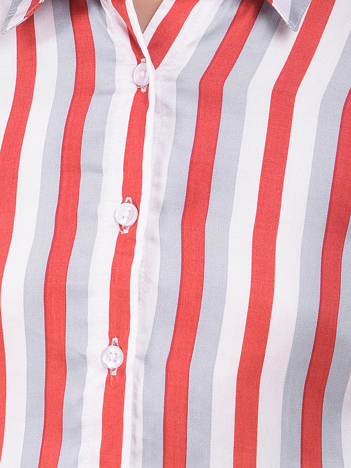 Red Vertical Stripes Modal Cropped Shirt
