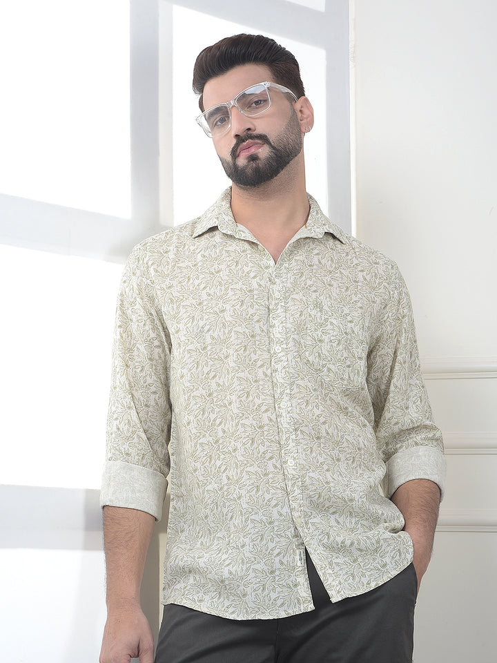 Olive Floral Print Linen Shirt