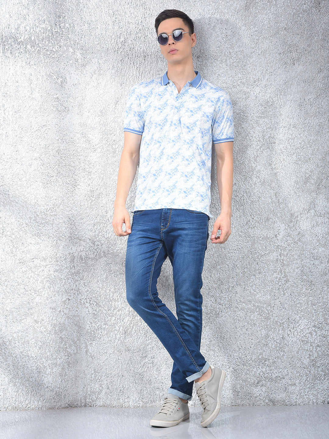 Blue Floral Print Polo Neck T-Shirt