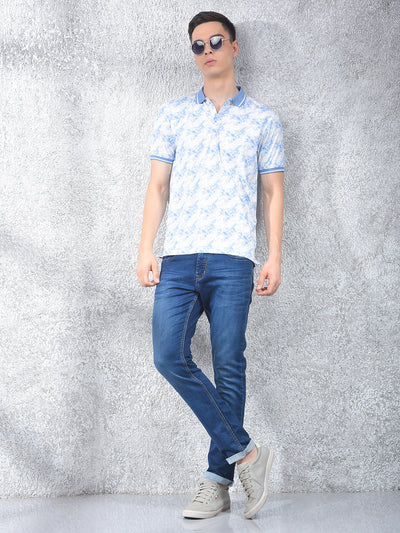 Blue Floral Print Polo Neck T-Shirt
