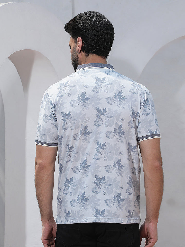 Blue Floral Print Polo Neck T-Shirt