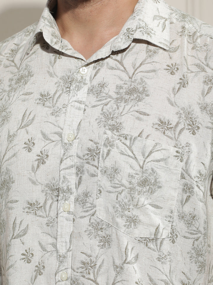 Green Floral Print Linen Shirt