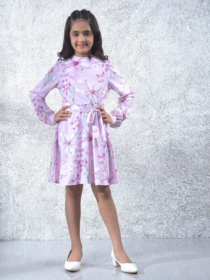 Purple Floral Print A-Line Dress With Belt