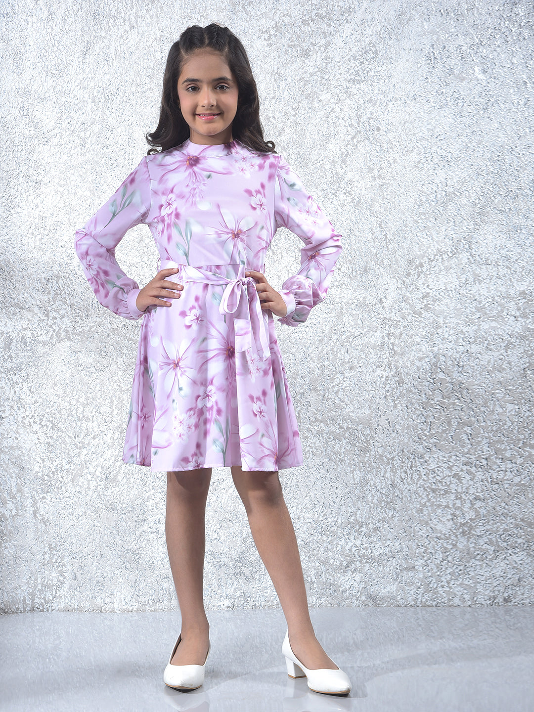 Purple Floral Print A-Line Dress With Belt