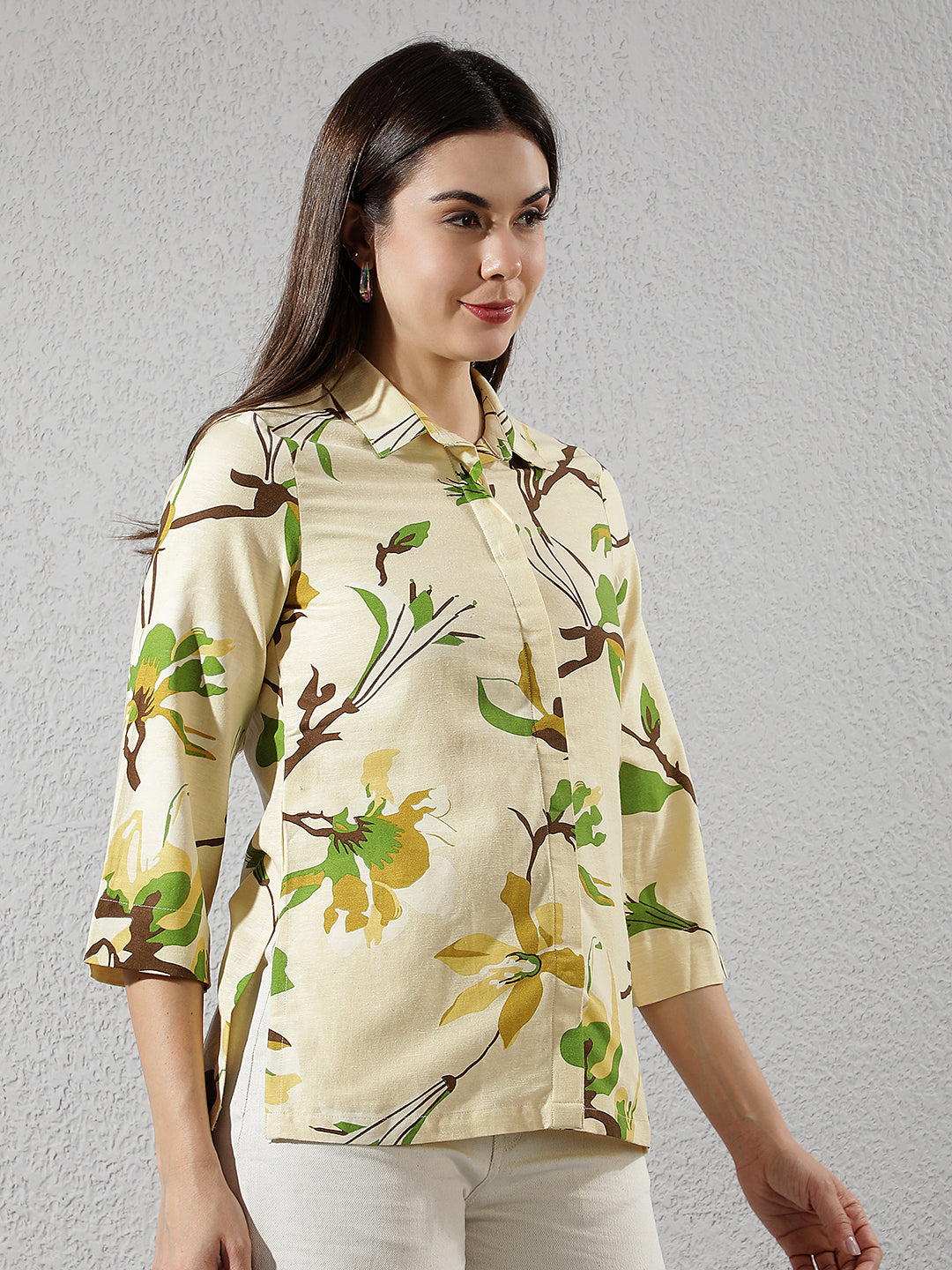 Mustard Floral Print Linen Shirt