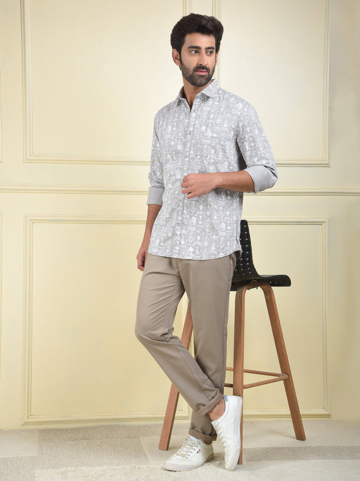 Grey Floral Print 100% Cotton Shirt